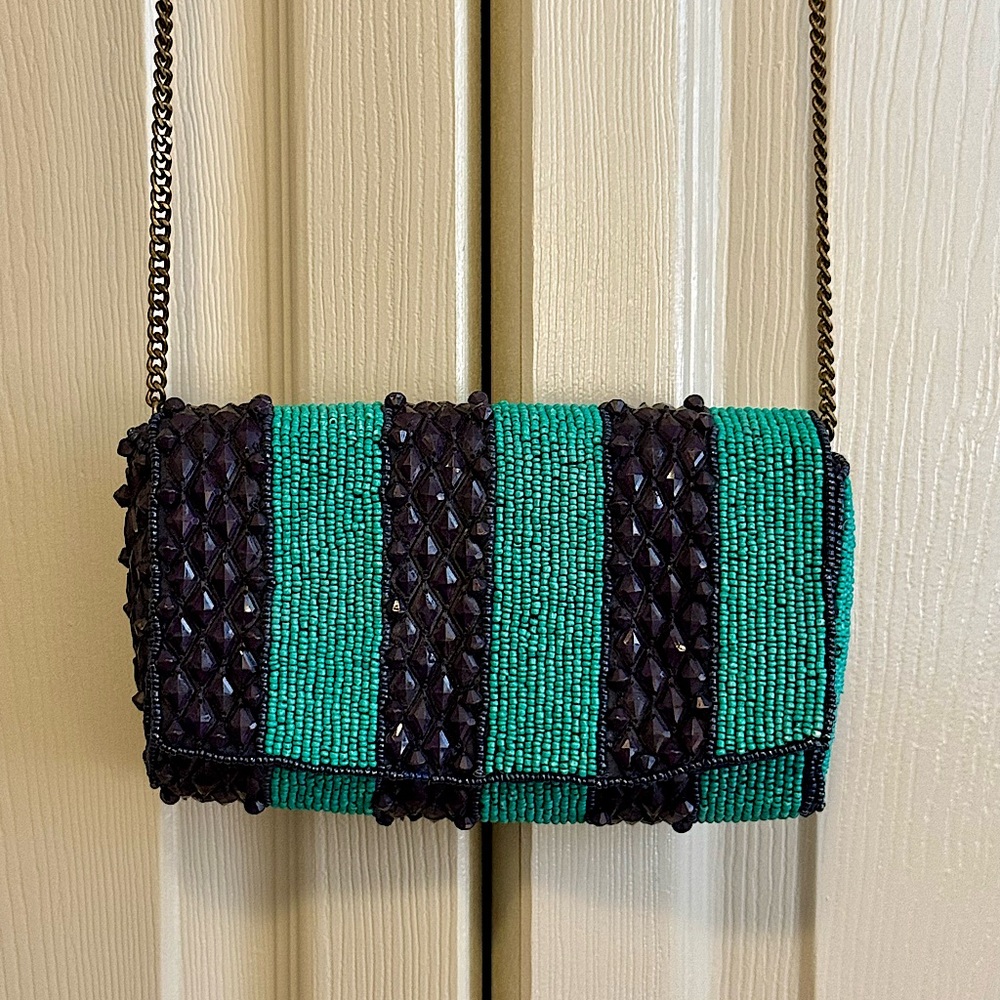 Anthropologie Beaded Turquoise, Navy/Black Beaded Chain Strap Shoulder Bag